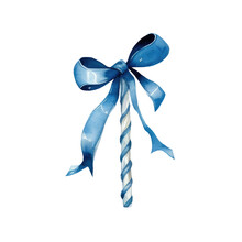 Watercolor Christmas Blue Lollipop And Bow On White Background. AI
