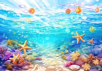 Wall Mural - Split image above and below the sea surface. Tropical islands and blue skies on the horizon. Starfish lie on the sand under clear water. Underwater world. Illustration for cover, card, interior design