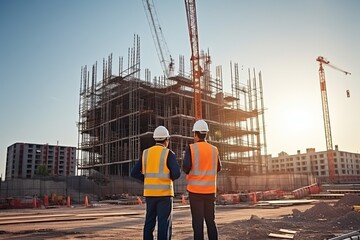 two man construction engineers supervising progress of construction project at construction site