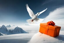Dove Bird And Gift Box In The Snow