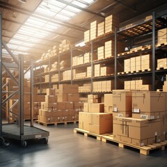  Warehouse interior with shelves and boxes, toned image, shallow depth of field. 
