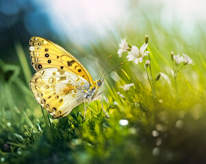 Wall Mural - wildflowers and yellow butterfly in the meadow.