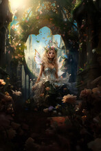 Fairy With Wings On Castle Background, Fantasy, Dreams. AI Generative