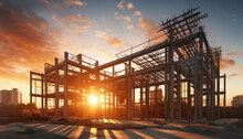 A Construction Site Silhouetted Against A Picturesque Sunset, Where Structural Steel Beams Are Being Used To Erect Massive Residential Buildings, Combining The Beauty Of Nature And Human Ingenuity.
