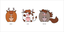 Set Of Funny Animals, Elk ,deer ,cow, Horse ,doodle Colorful Vector Illustration