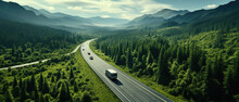 Forest Road Graced With Green Technology Cars – A Harmonious Blend Of Nature And Eco-transport.