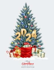 Wall Mural - Holiday background with Christmas blue tree with garland and a gold 2024 letters. Vector.