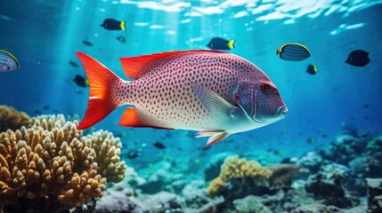 Giant tropical sea fish underwater at bright and colorful coral reef