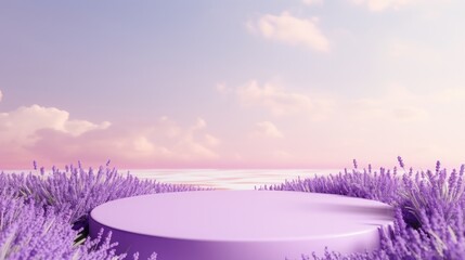 Wall Mural - Lavender podium flower background purple product nature platform stand summer 3d table. Cosmetic podium lilac abstract field studio beauty flower spring lavender floral display plant backdrop crystal.