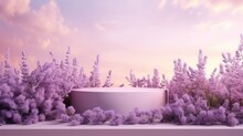 Lavender Podium Flower Background Purple Product Nature Platform Stand Summer 3d Table. Cosmetic Podium Lilac Abstract Field Studio Beauty Flower Spring Lavender Floral Display Plant Backdrop Crystal.