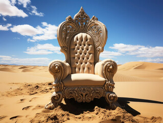 Canvas Print - Golden throne in the middle of the desert among sand dunes