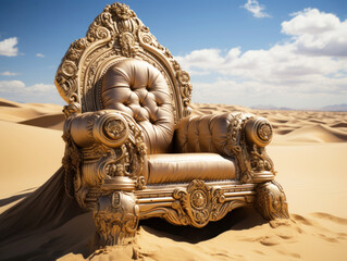 Canvas Print - Golden throne in the middle of the desert among sand dunes