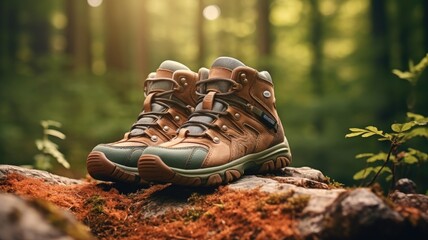 children's sports hiking shoes against the backdrop of a forest trail.