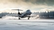 Private Jet Soaring from a Snowy Runway, Luxury Travel Adventure, Jetting Off in Winter