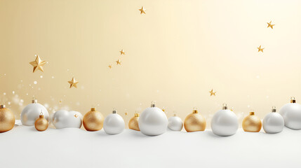 Wall Mural - Christmas and New Year minimalist background. White and gold Christmas glass balls and stars on red background with copy space for text. The concept of Christmas and New Year holidays