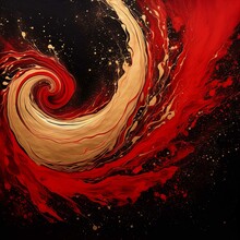 A Painting With Red, Gold And Black Swirls In The Style Of Dark Scarlet And Light Gold, Minimalist Backgrounds, Use Of Precious Materials, Dark Sanguine And Pink