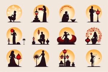 Wall Mural - Collection of Diwali Day silhouettes icon and character.
