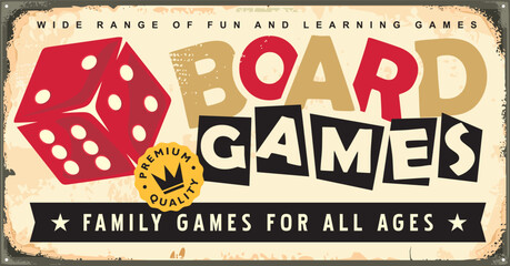 Vintage advertising sign for board games with red dice graphic. Retro poster design. Nostalgic decorative sign concept.