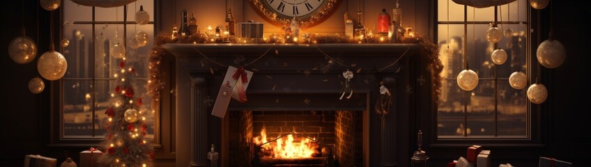 Wall Mural - A cozy fireplace adorned with New Year's decorations, including 