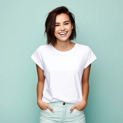 Wall Mural - portrait of a smiling brunette woman in white t-shirt holding hands in her pockets isolated on mint color background