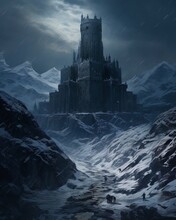 Old Historic Medieval Fantasy Castle In Snow Covered Dark Mountains At Night. Blue Heus