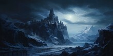 Old Historic Medieval Fantasy Castle In Snow Covered Dark Mountains At Night. Blue Heus