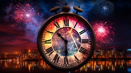 Wall Mural - A vibrant and colorful fireworks display lighting up the night sky as the clock strikes midnight on New Year's Eve 2024, providing a dazzling backdrop for your message