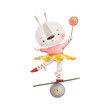 A little bunny gymnast in a fluffy skirt and pointe shoes shows tricks at a circus show. The hare stands on the Trickboard and balances on one leg and with a lollipop in his hand. Cute illustration