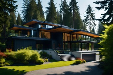 Wall Mural - A luxurious modern mansion in the lush and green woods - AI Generative