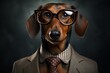Dachshund Dog teacher. Dog Dachshund in glasses and suit. Horizontal Banner Poster Background for web. Photo AI Generated