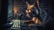 © Anastasia - Dog French Bulldog developer. French Bulldog Dog programmer. Horizontal banking poster background for advertisement. Photo AI Generated