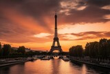 Fototapeta Boho - sunset view of iconic tower in Paris. Generative AI