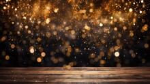 Illuminate Your Designs With The Magic Of Silvester 2024 - Golden Fireworks And Bokeh Lights On Rustic Black Wooden Texture, An Enchanting Choice For Greeting Cards And Event Backgrounds.