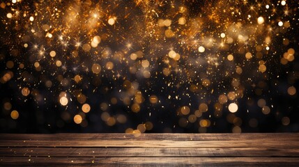 illuminate your designs with the magic of Silvester 2024 - golden fireworks and bokeh lights on rustic black wooden texture, an enchanting choice for greeting cards and event backgrounds.