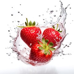 strawberries falling into a splash of water isolated from its background