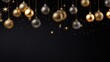 Elegant Christmas banner: A group of hanging gold Christmas balls, baubles, and ice crystals on a black background, creating a festive and stylish greeting card template