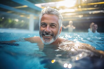 Wall Mural - A senior couple enjoying hydrotherapy in an aqua-blue pool, promoting health and wellness during their vacation.