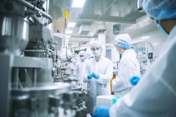 Wall Mural - In a modern industrial facility, a team of scientists, engineers, and technicians work together to maintain and operate cutting-edge technology for pharmaceutical production.