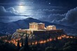 A magnificent Parthenon temple stands under the starry Athenian sky in Greece. Generative AI