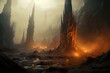 Tall foggy stalagmite towers on the surface of a fantasy planet. Generative AI