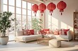 living room interior in Chinese style, eco style, decorated with red Chinese lanterns, natural lighting