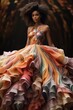 © visoot - Beautiful black model in a layered multicolor pastel flowing fabric ball gown.