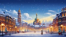 Christmas Background, City, Russian Place Styl Under Snow, Kremlin
