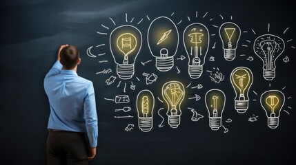 Businessman drawing a light bulb symbol representing a bright idea in front of a blue board