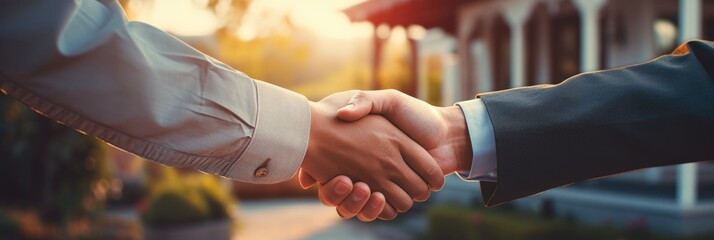 Two individuals shaking hands during the sale of a house, with the house in the background