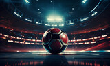 Fototapeta Sport - Football, soccer ball on modern style sport arena with glass roof, audience and red flashlights.