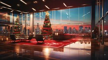 Christmas Background Corporate For Gift Cards With Two Christmas Tree And Stars, Big Windows In Meeting Room