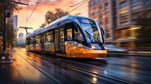 The Movement Of A Tram Or Light Rail System As It Traverses The City Streets, Panning To Keep The Vehicle Sharp While Blurring The Surroundings.