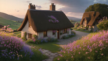 Cozy Cottage Nestled In A Picturesque Countryside With A Thatched Roof - AI Generative