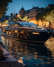  Yacht On River In Night City. Luxury And Expensive Lifestyle.  Rest And Relaxation Concept.